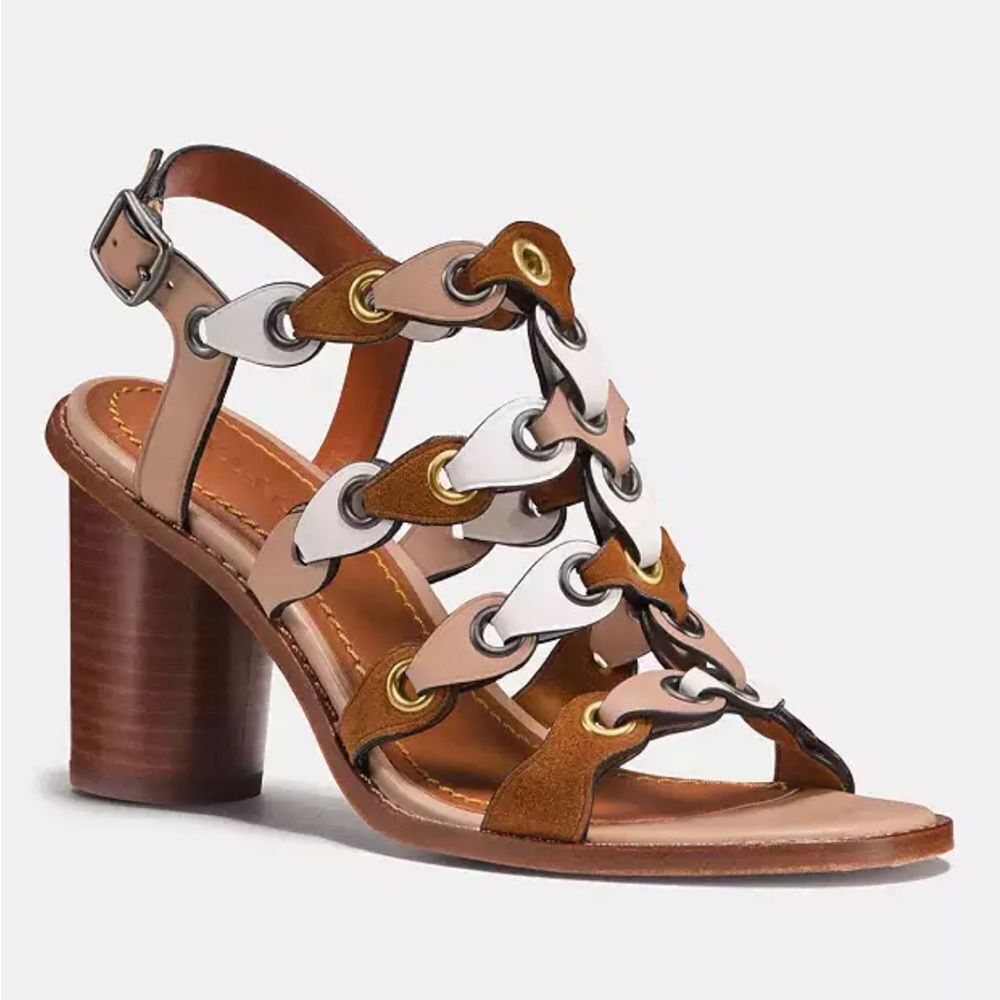 Coach Mixed-Metal Brown Pink White Leather Link-Detail Sandal